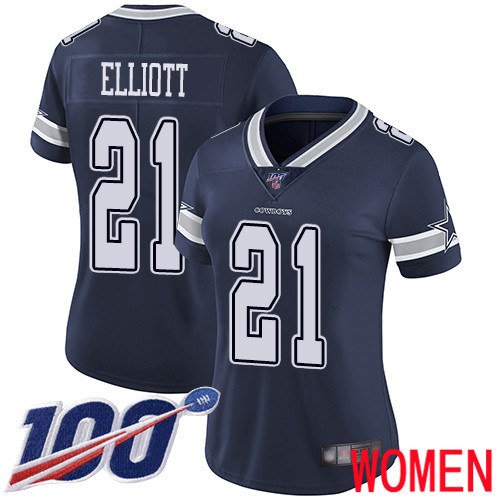 Women Dallas Cowboys Limited Navy Blue Ezekiel Elliott Home #21 100th Season Vapor Untouchable NFL Jersey->women nfl jersey->Women Jersey